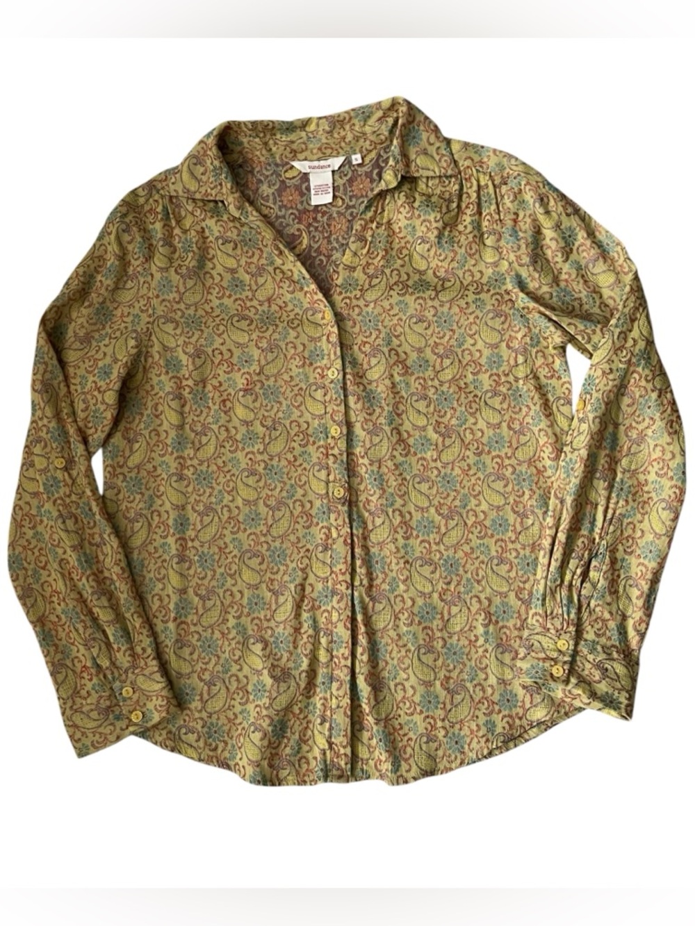 Sundance Sunset Jacquard Chartreuse Paisley Button-Up Long Sleeve Top Size Small